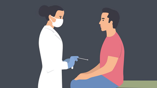a doctor wearing a mask holding a swab looking at a patient in a red shirt