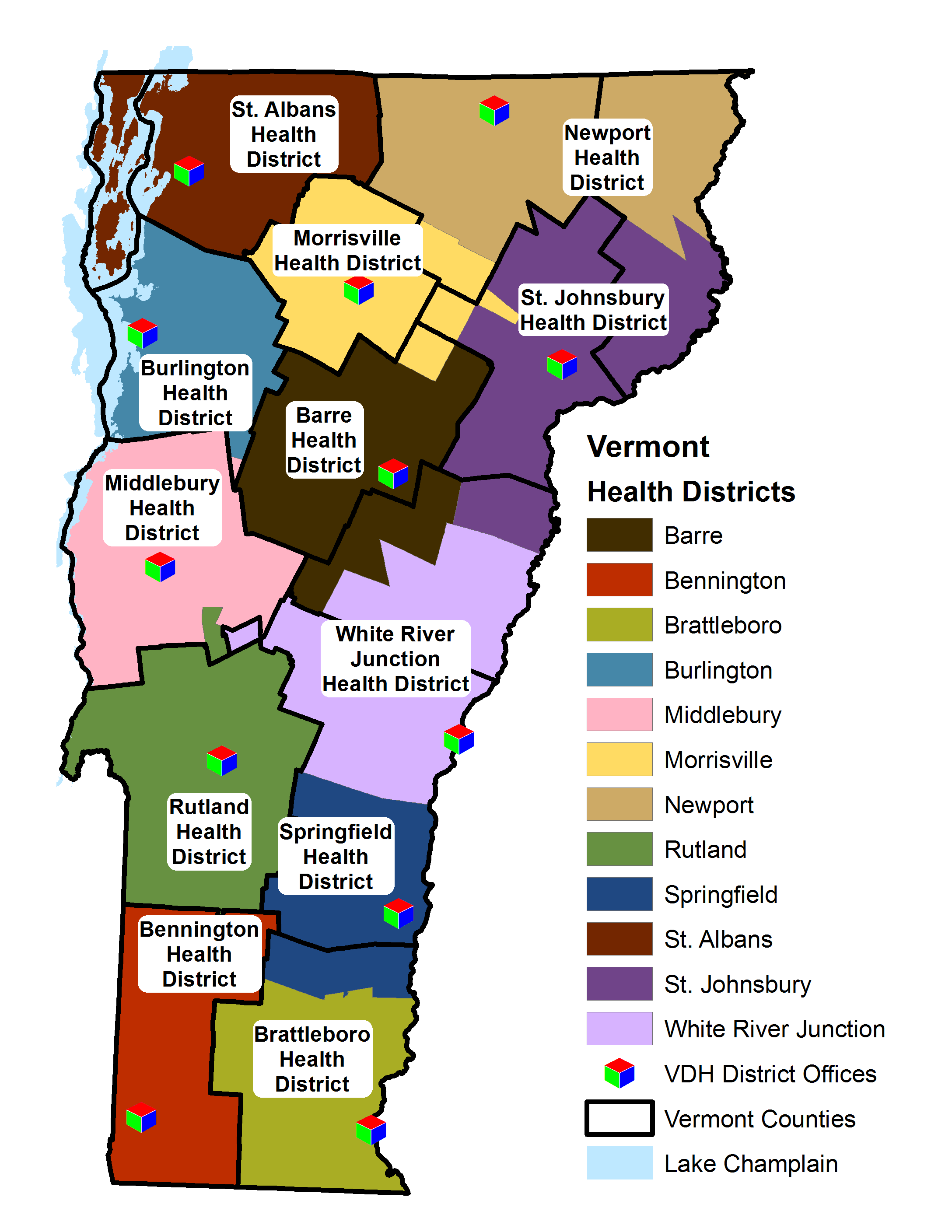 map showing Vermont Health Districts