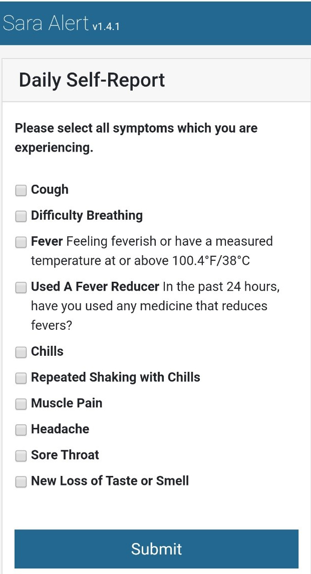 text screen of self-report symptoms