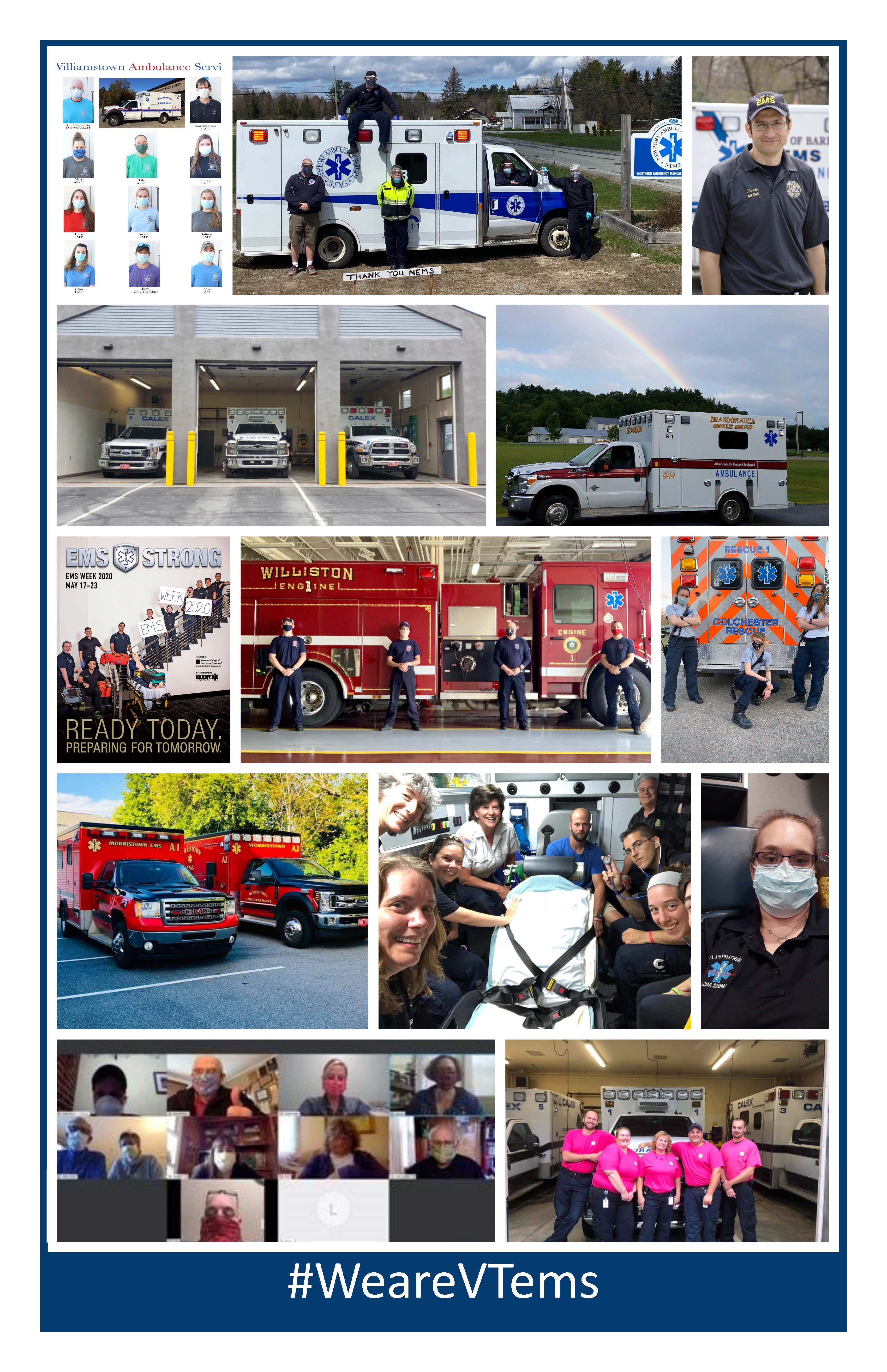 Photo collage of Vermont emergency medical services professionals and ambulance vehicles