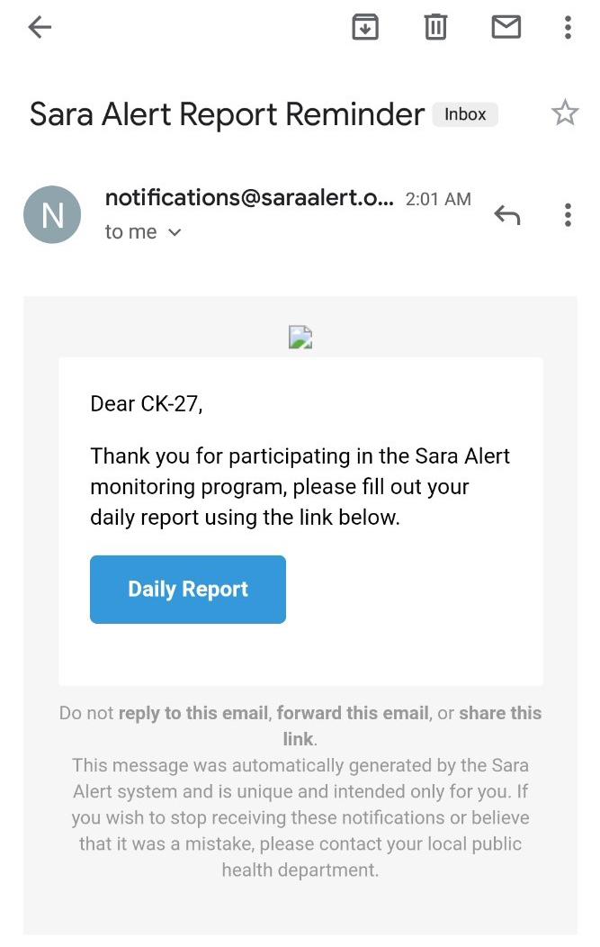 text screen with link for daily report