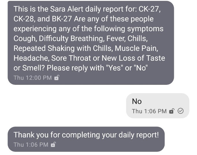 text message asking about symptoms