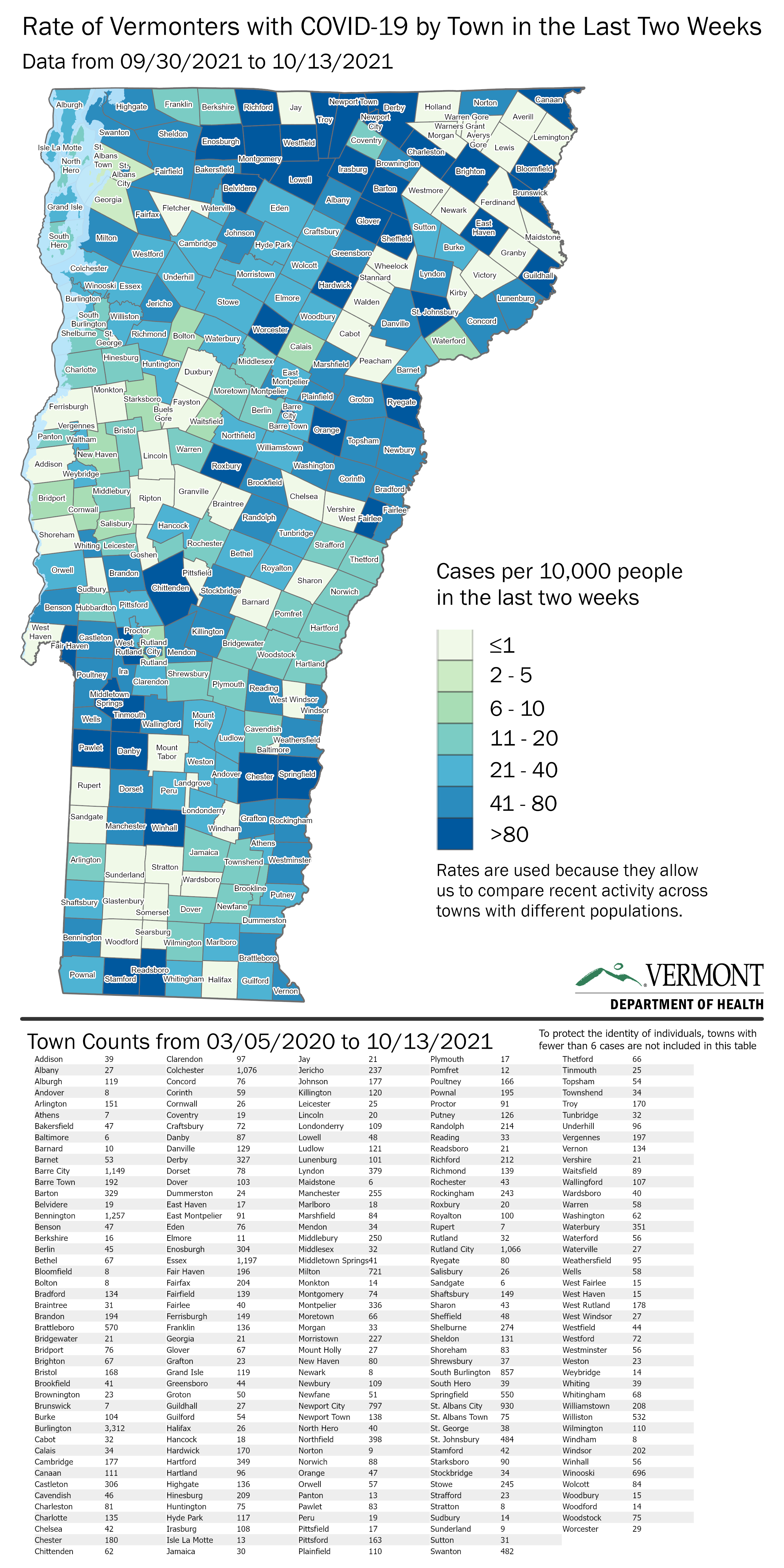 Vermont map with case rates by town