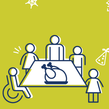 five people gathered around table