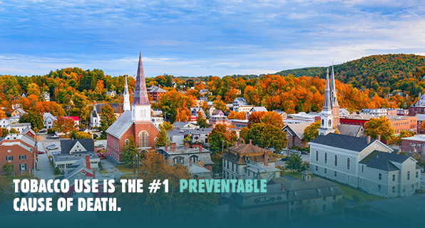 View of Montpelier, the capital of Vermont, with fall foliage in the background