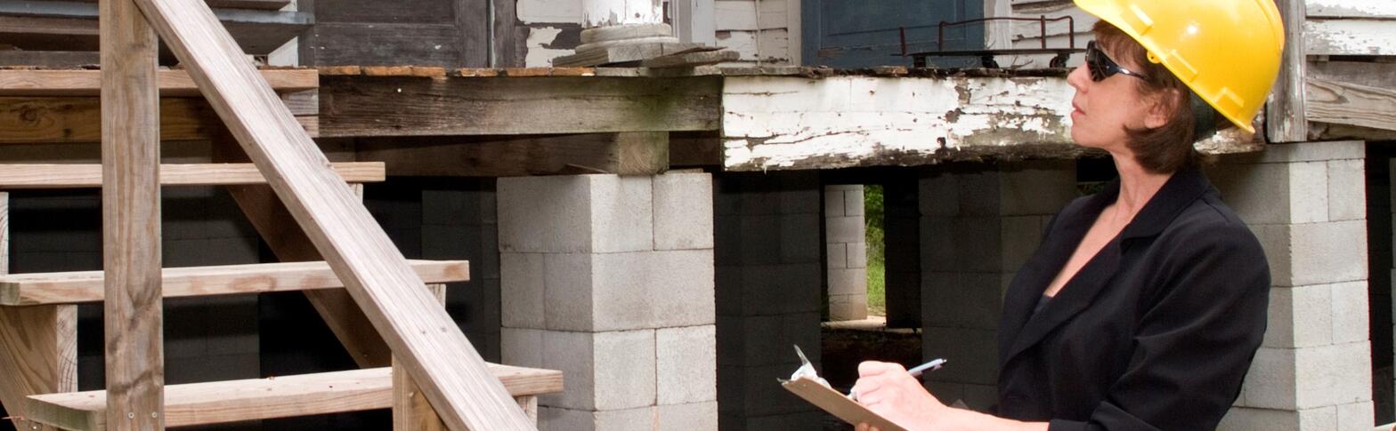 person in hard hat inspecting old building