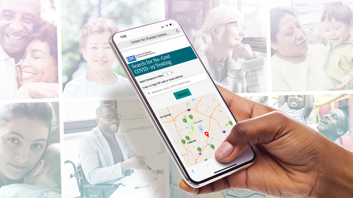 Hand holding phone looking at website for locating no-cost covid testing