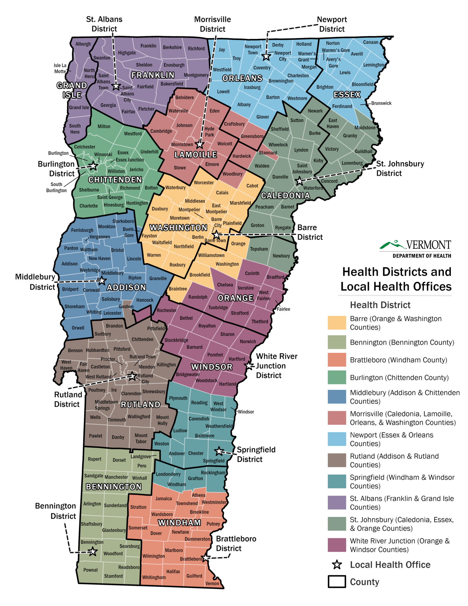 Vermont state map outlining the towns and counties served by Health Districts