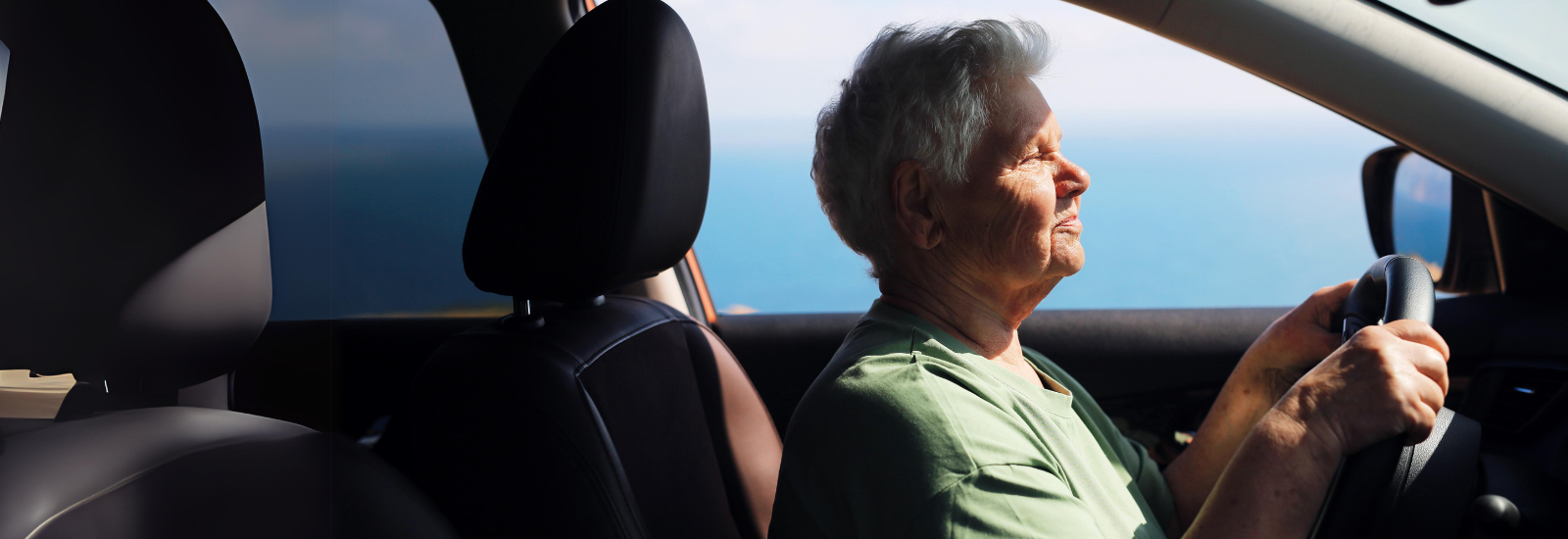 An older adult driving a car. 