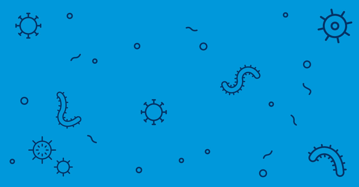 Line drawing of germs on a blue background.
