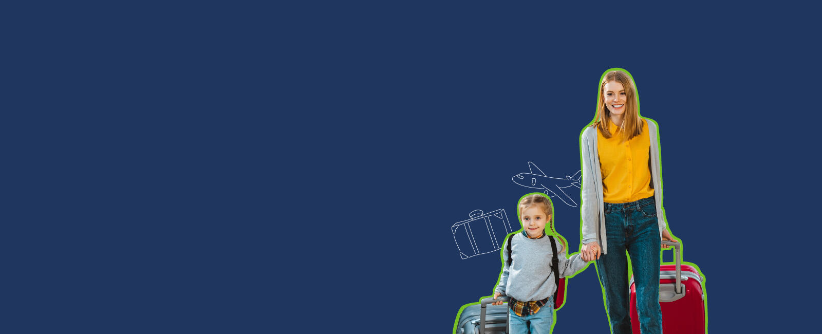 Parent and child walking with luggage. 