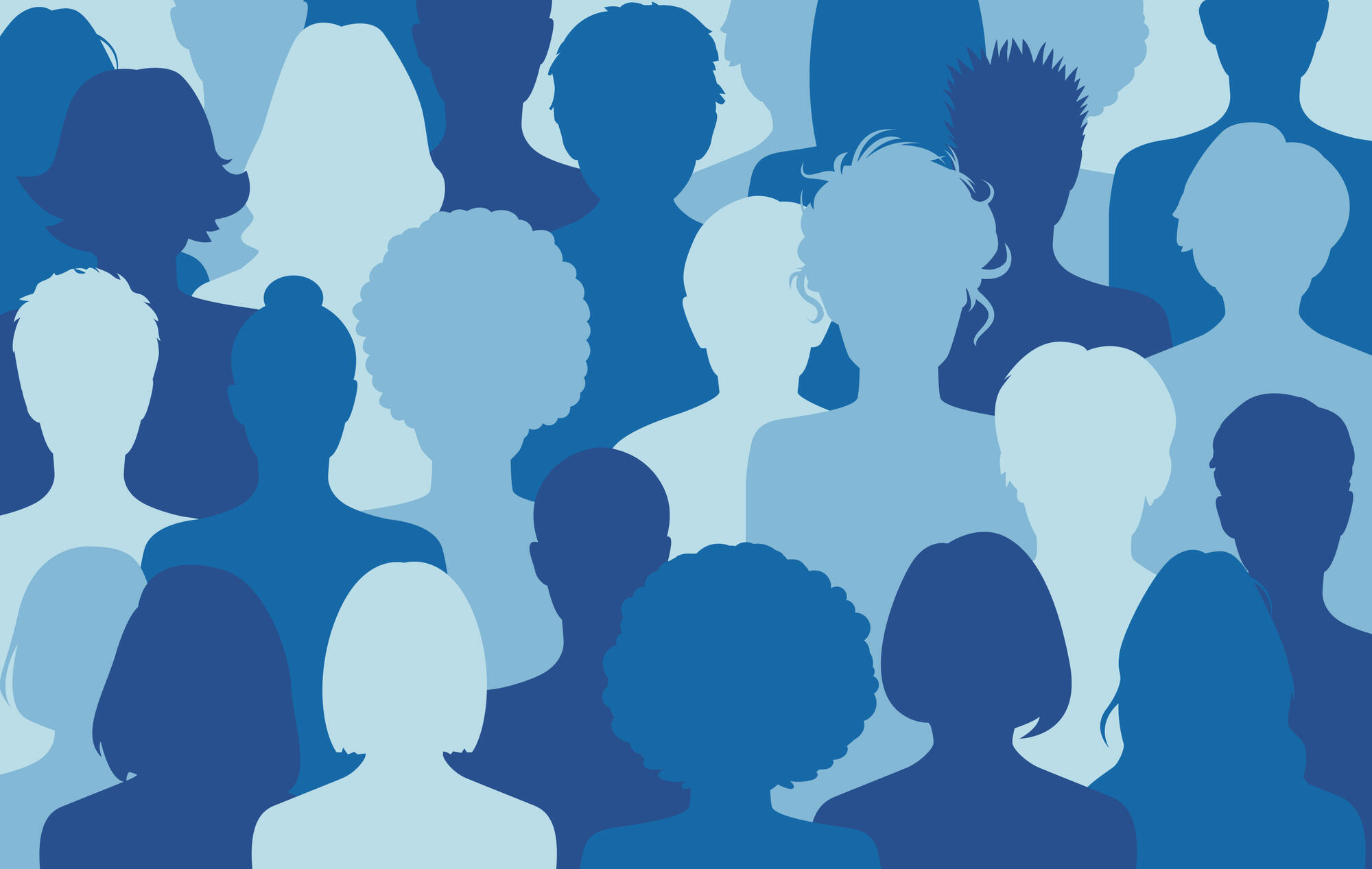 Blue outline drawing of a group of women.