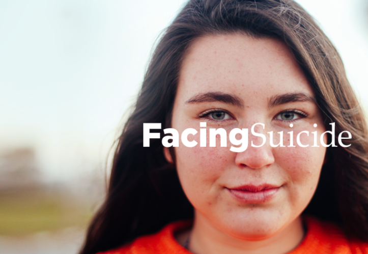 woman facing camera with "facing suicide" text overlaid