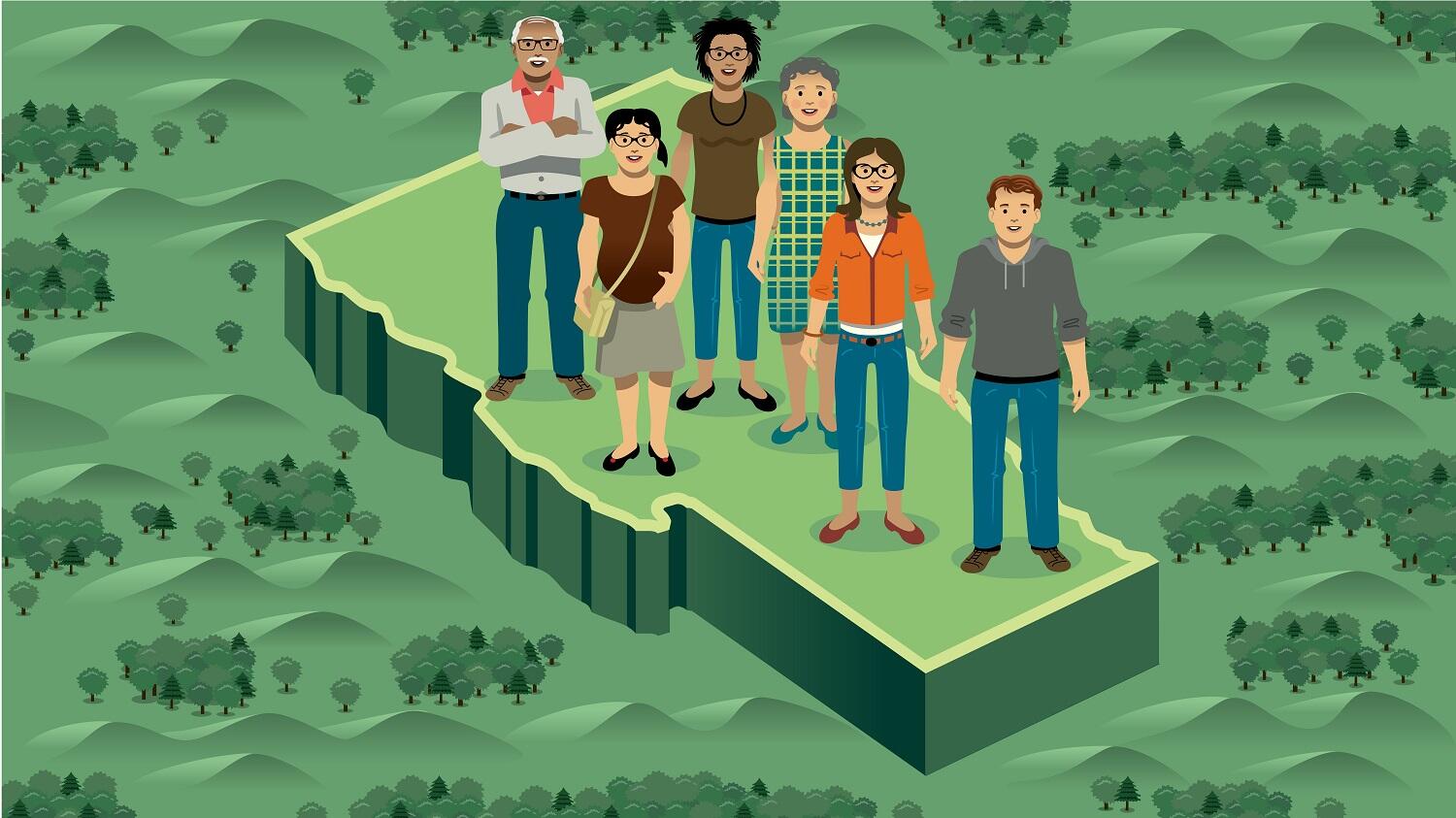 Illustration of people standing on a map of Vermont surrounded by green forest.