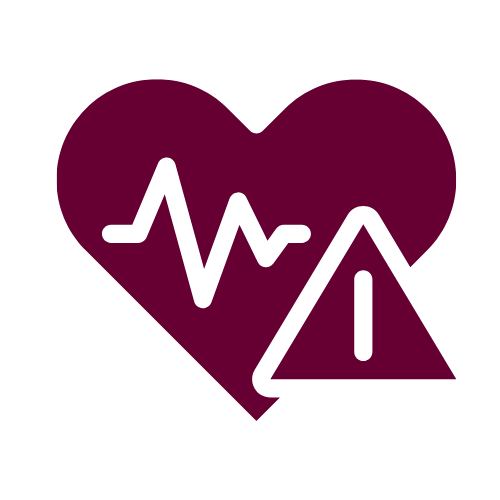 maroon heart with white heartbeat line and marron triangle with white vertical line