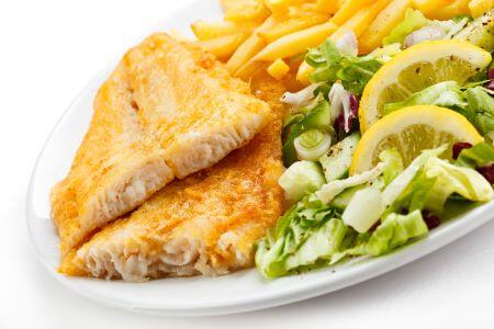 fried fish with salad and French fries