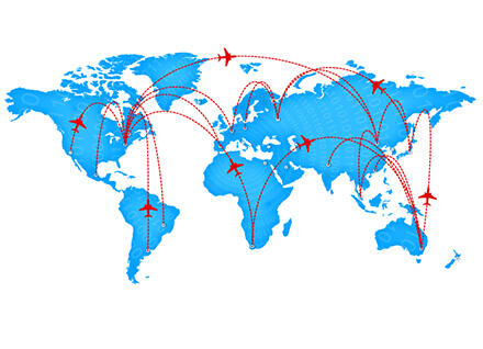 World map showing air travel routes.