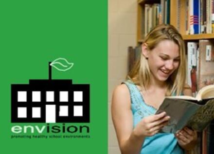 Envision Program logo and girl reading book Envision Program logo and girl reading book