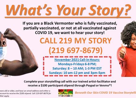 What's Your Story Call-in poster for Black participants What's Your Story November call in poster for Black Vermonters