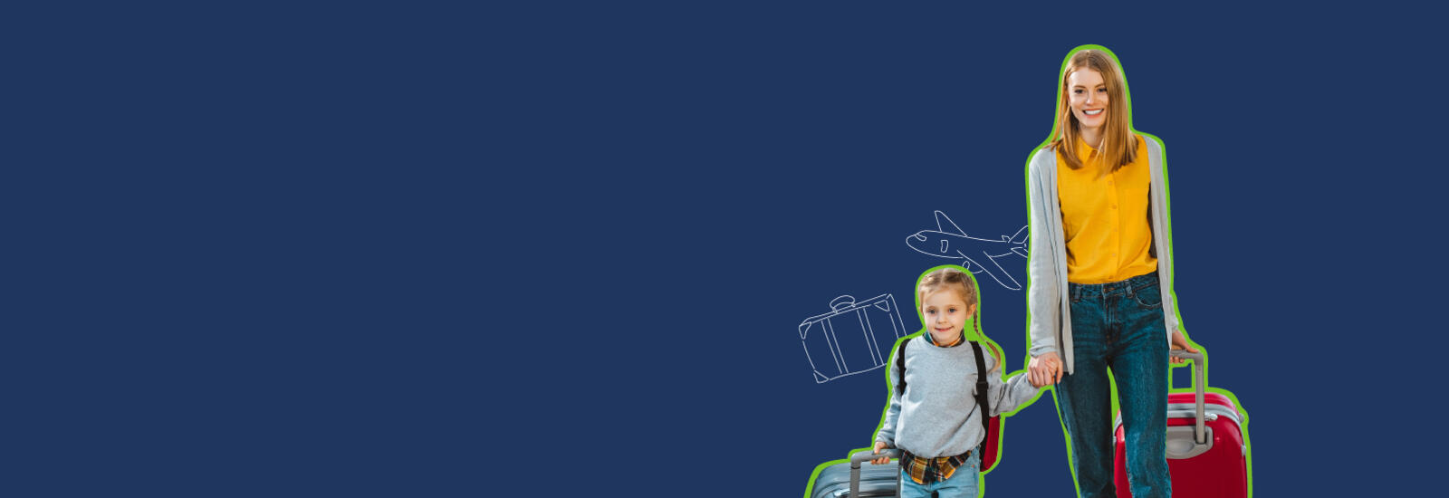 Parent and child walking with luggage. 