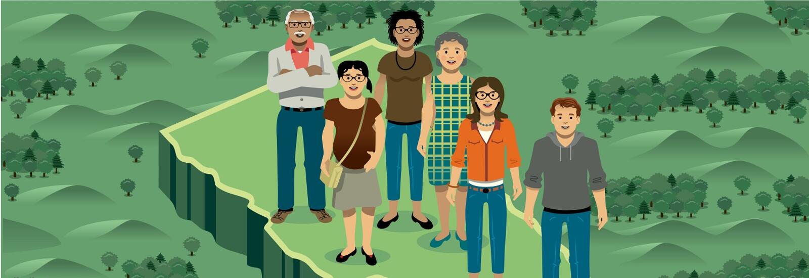 Illustration of people standing on a map of Vermont surrounded by green forest.
