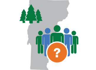 icon of Vermont with people, trees and question mark