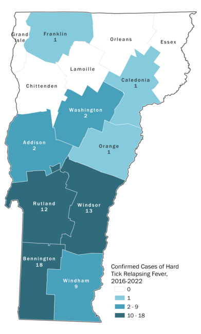 Map of Vermont by county displaying number of Hard Tick Relapsing Fever cases by county. Southwestern VT has the highest number of cases.