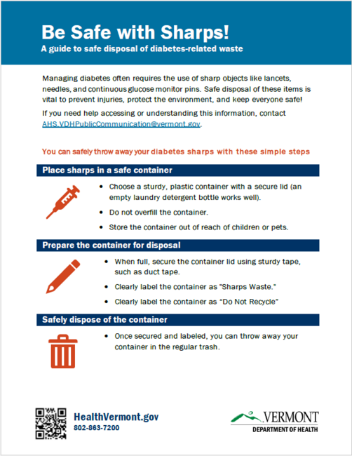 One page flyer about sharps disposal for people with diabetes