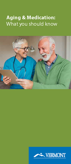 aging and medications brochure cover and image of older adult discussing health with older adult health care provider