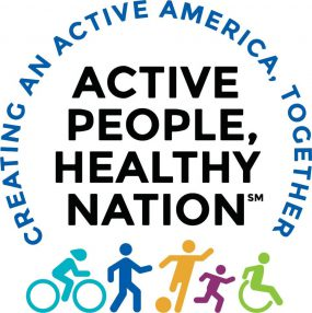 CDC logo for the active people healthy nation campaign. Shows silhouette images of people biking, walking, playing soccer, running and traveling in a wheelchair.